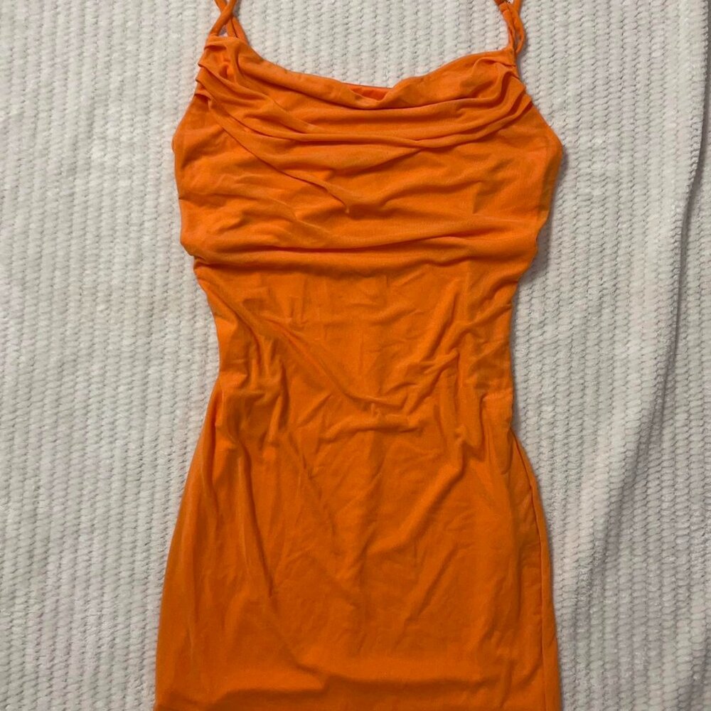 orange mesh cowl neck dress